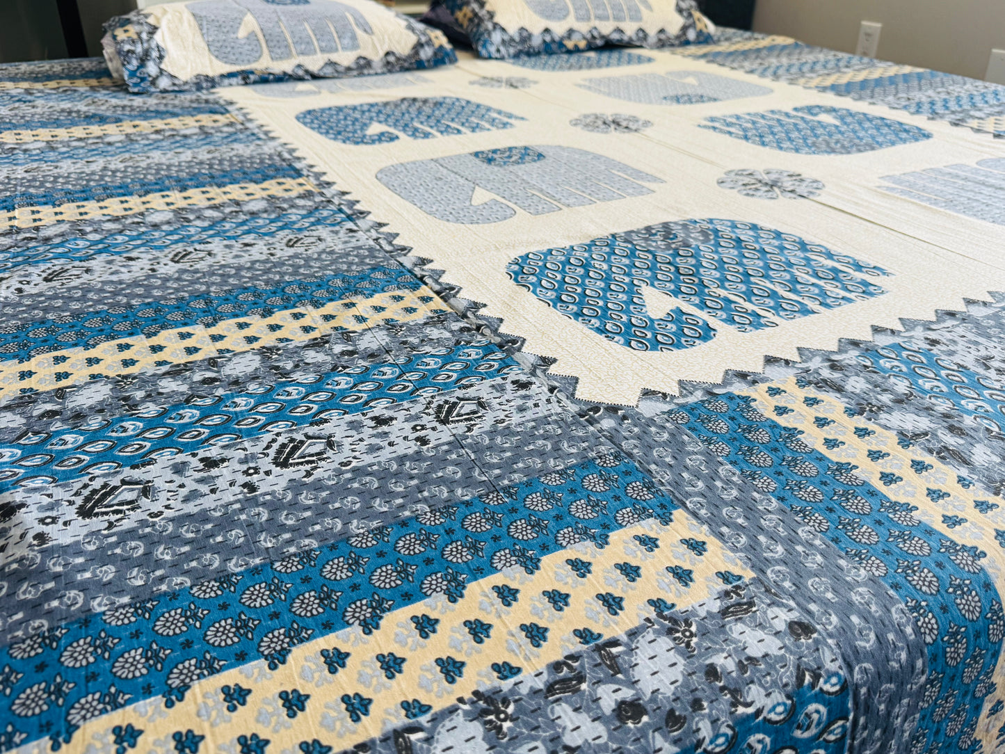 Hand-Block Printed Cotton Queen Bedsheet – Blue Elephant Motif | Aayamora
