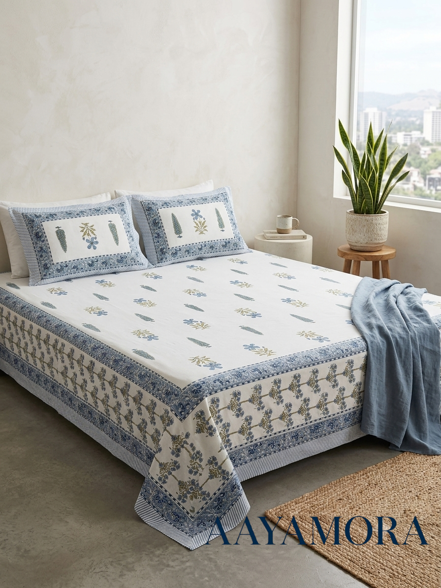 Soft Blue Floral Cotton Hand Block Printed King Bedsheet Set