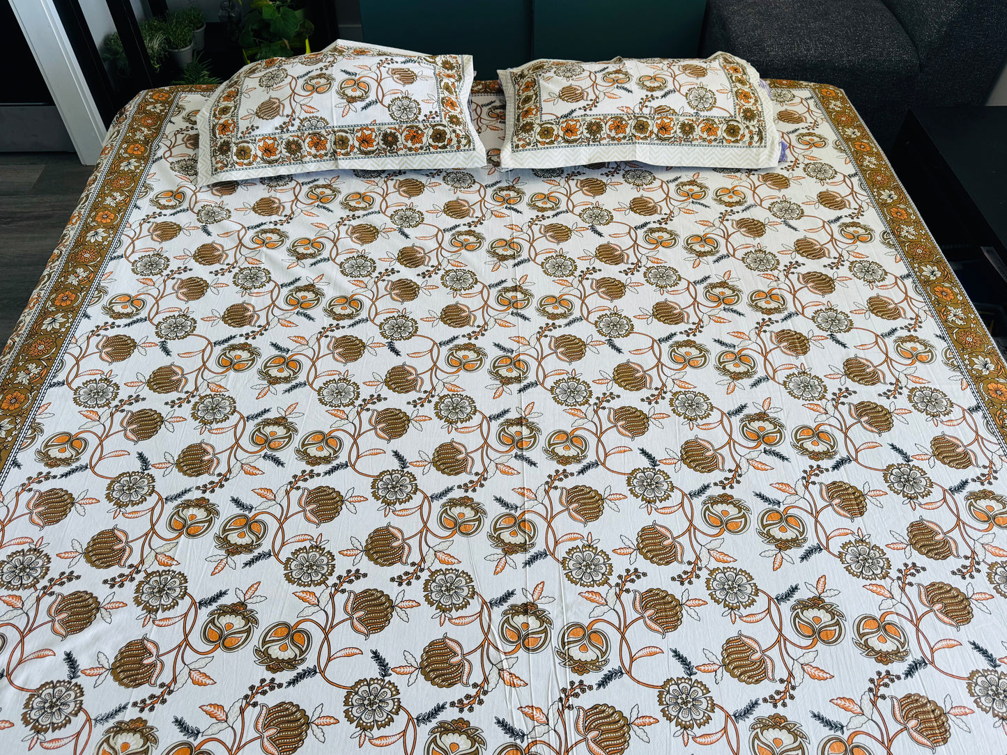 Hand-Block Printed Cotton Queen Bedsheet – Elephant Motif | Aayamora