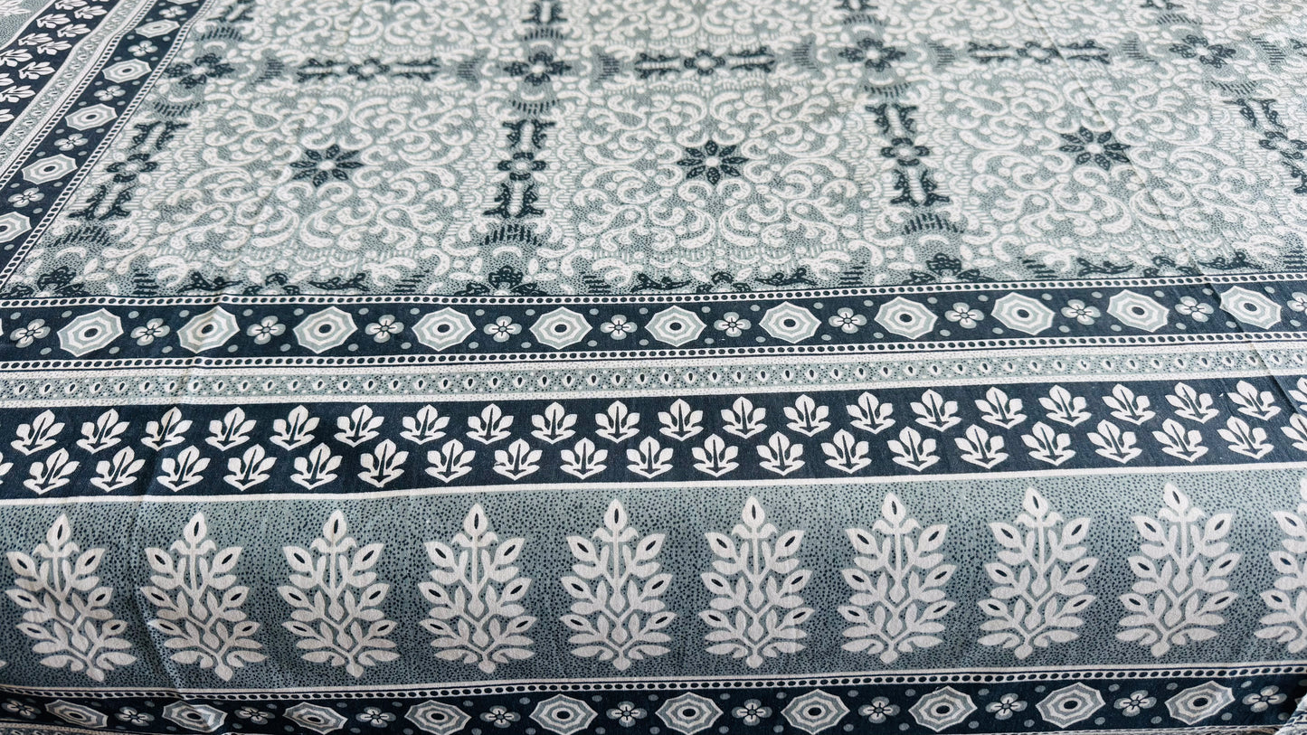Hand-Block Printed Cotton Queen Bedsheet – Teal Floral Lattice | Aayamora