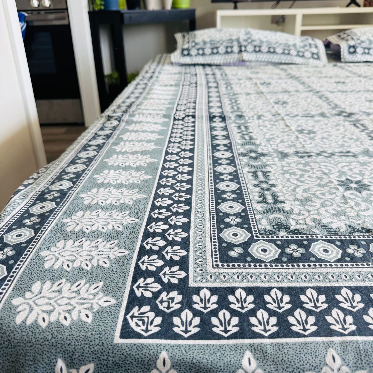 Hand-Block Printed Cotton Queen Bedsheet – Teal Floral Lattice | Aayamora