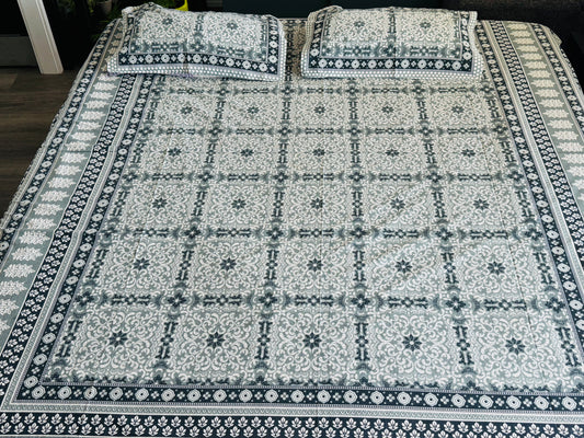 Hand-Block Printed Cotton Queen Bedsheet – Teal Floral Lattice | Aayamora