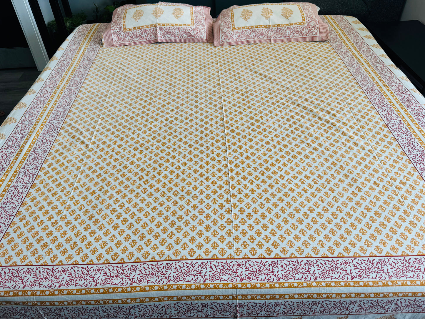 Hand-Block Printed Cotton Queen Bedsheet – Mustard & Pink Booti | Aayamora