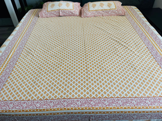 Hand-Block Printed Cotton Queen Bedsheet – Mustard & Pink Booti | Aayamora