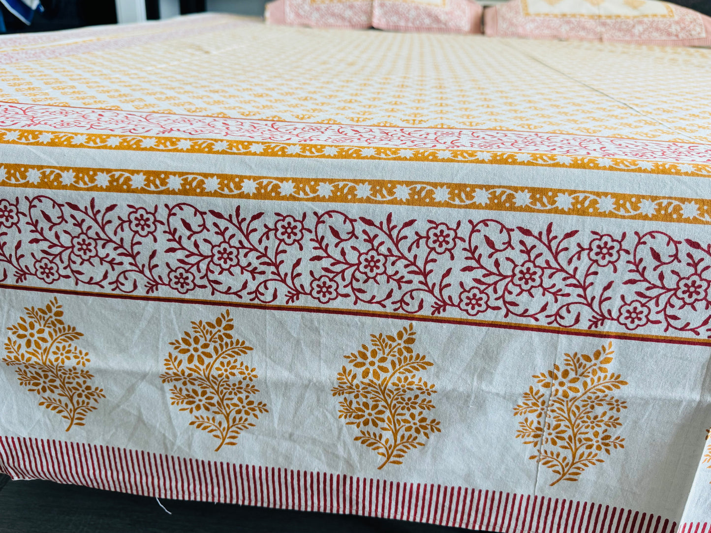 Hand-Block Printed Cotton Queen Bedsheet – Mustard & Pink Booti | Aayamora