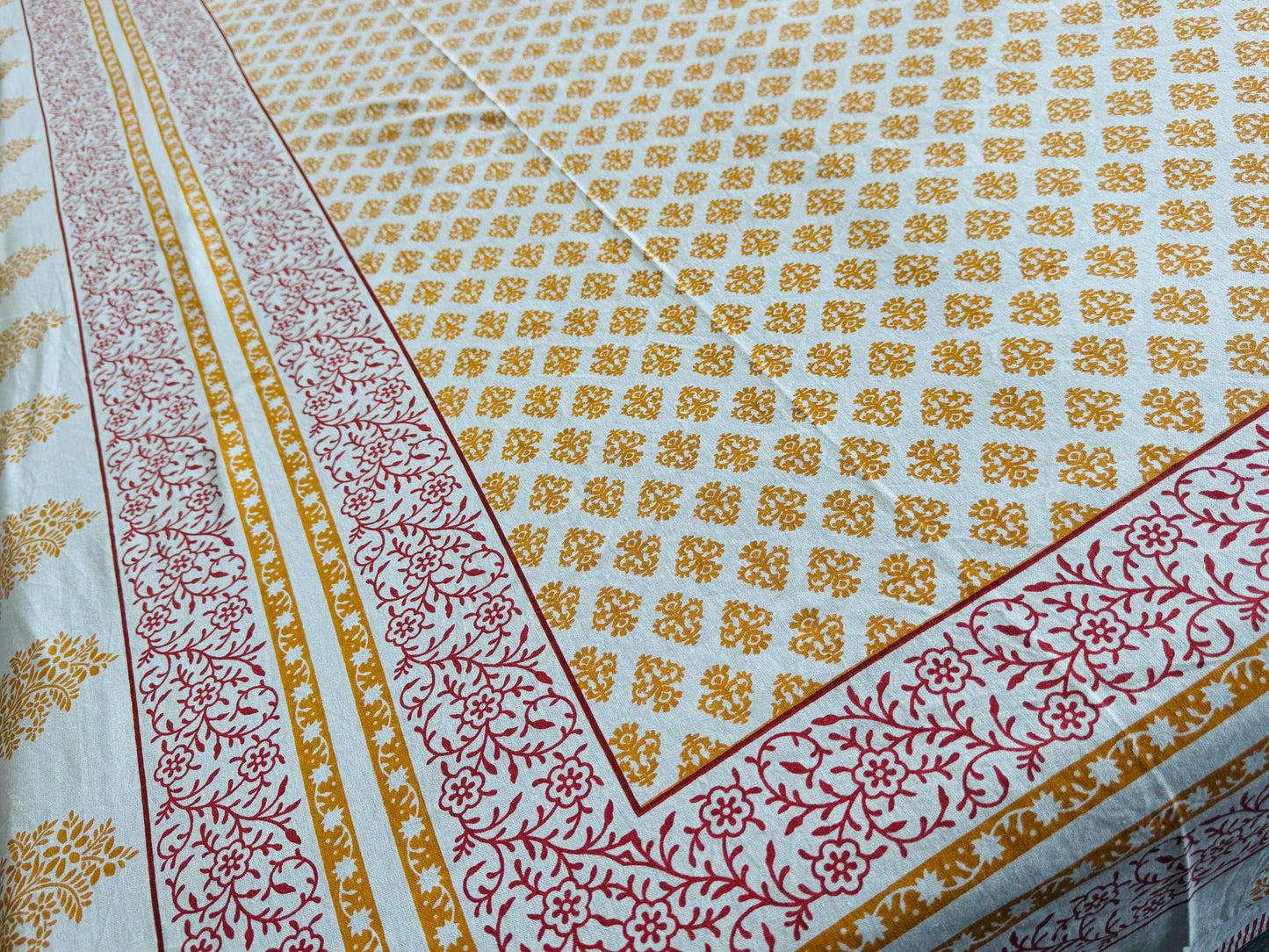 Hand-Block Printed Cotton Queen Bedsheet – Mustard & Pink Booti | Aayamora