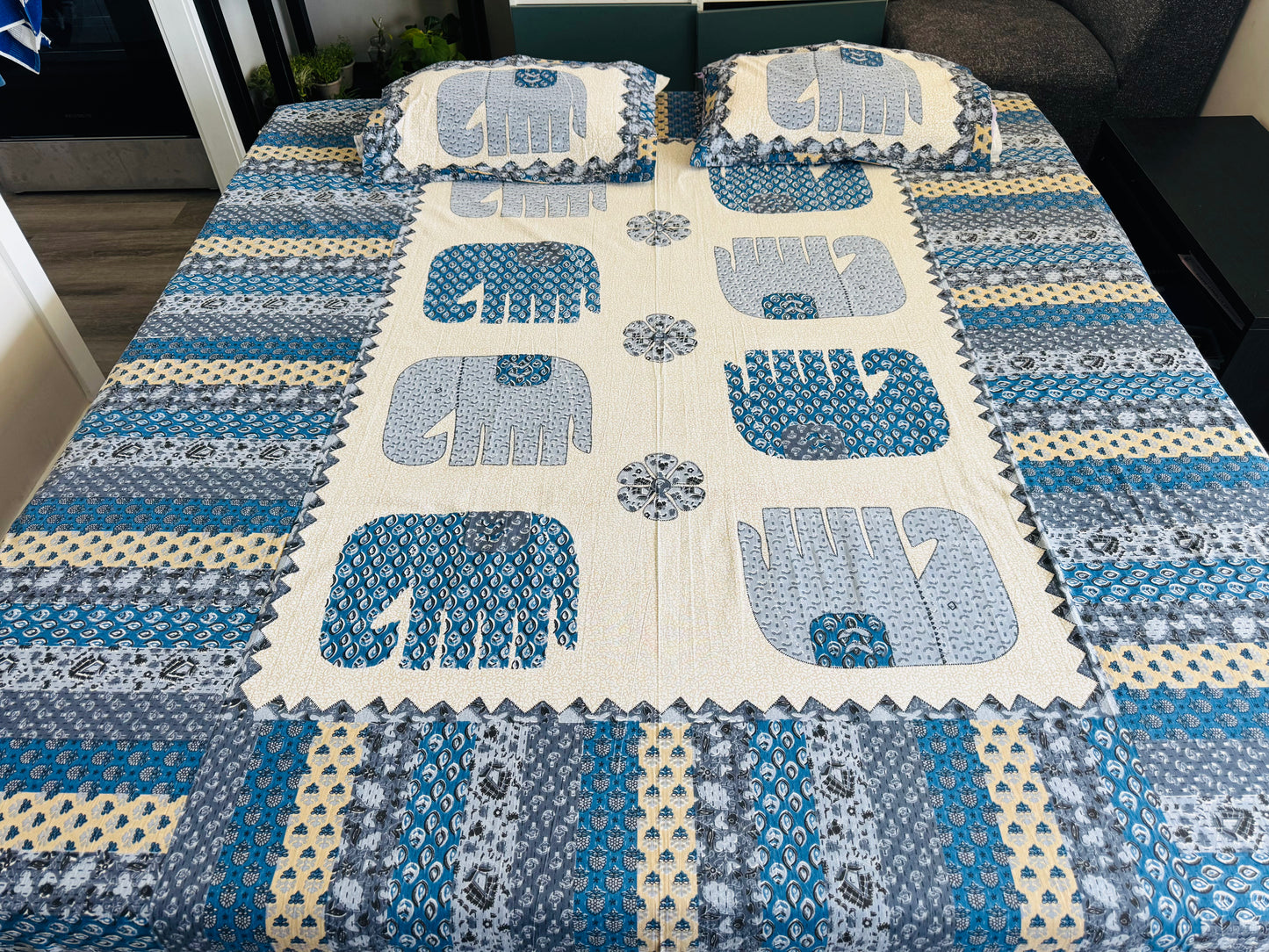 Hand-Block Printed Cotton Queen Bedsheet – Blue Elephant Motif | Aayamora
