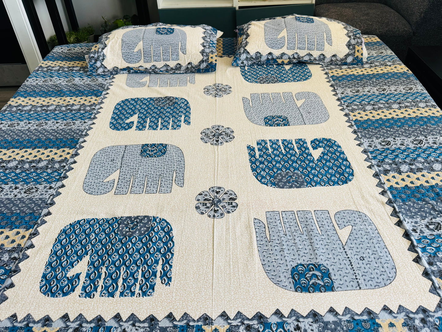 Hand-Block Printed Cotton Queen Bedsheet – Blue Elephant Motif | Aayamora