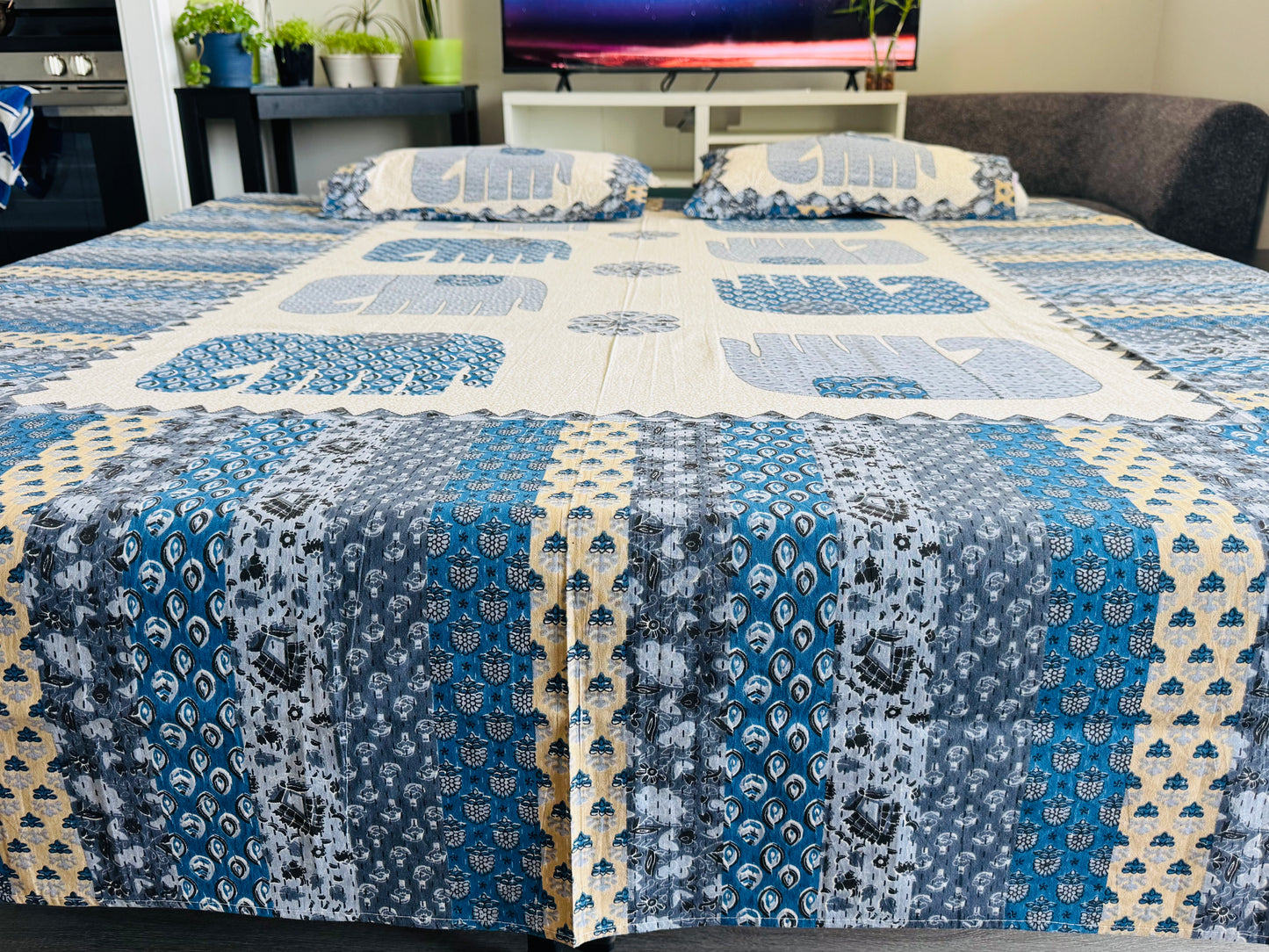 Hand-Block Printed Cotton Queen Bedsheet – Blue Elephant Motif | Aayamora
