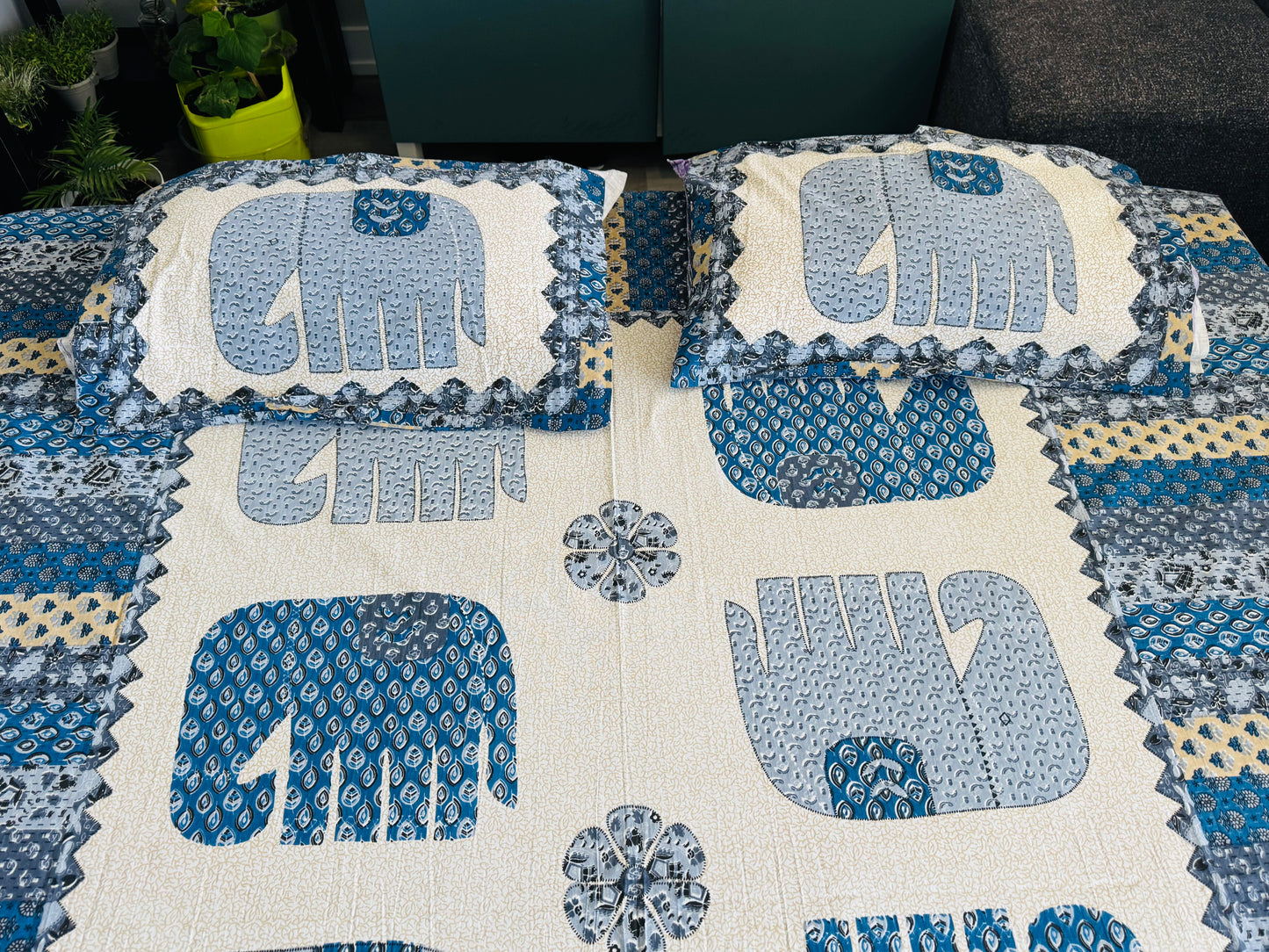 Hand-Block Printed Cotton Queen Bedsheet – Blue Elephant Motif | Aayamora