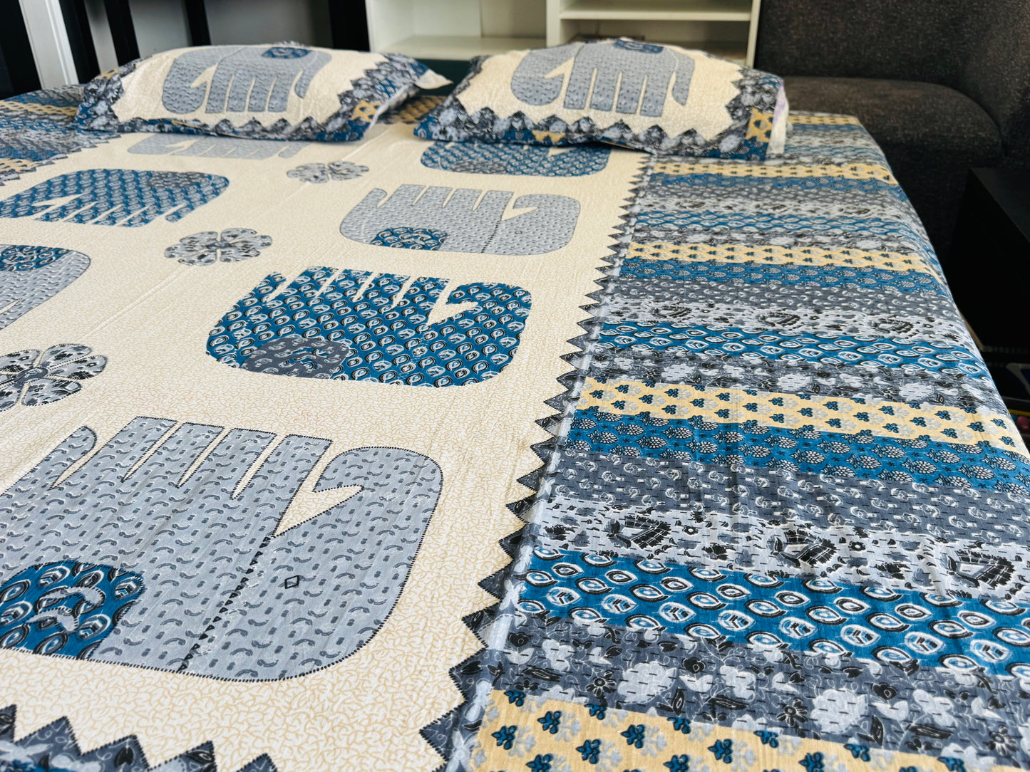 Hand-Block Printed Cotton Queen Bedsheet – Blue Elephant Motif | Aayamora