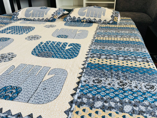 Hand-Block Printed Cotton Queen Bedsheet – Blue Elephant Motif | Aayamora