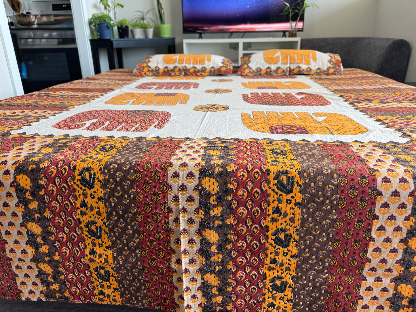 Hand-Block Printed Cotton Queen Bedsheet – Mustard & Red Elephant | Aayamora