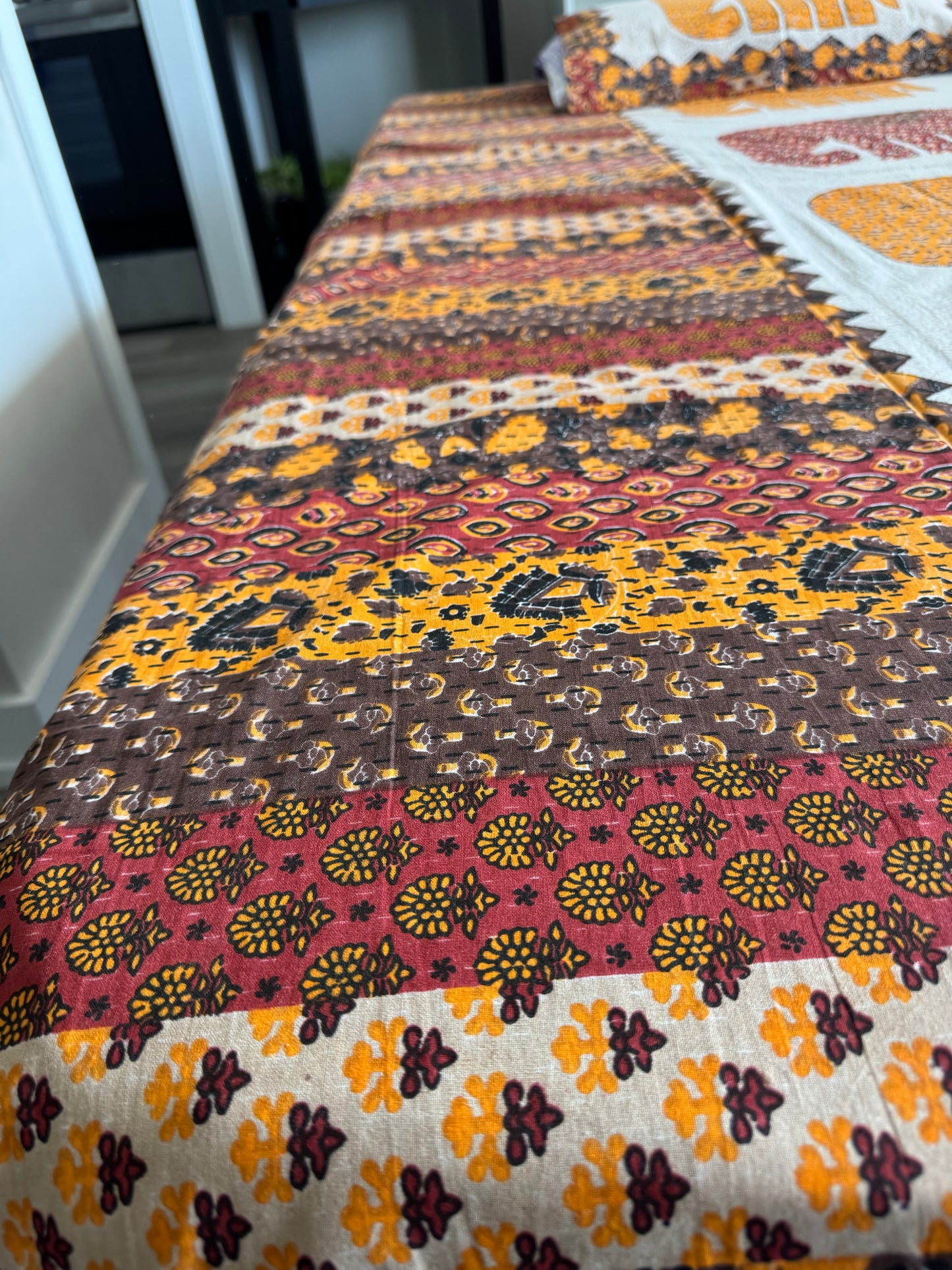 Hand-Block Printed Cotton Queen Bedsheet – Mustard & Red Elephant | Aayamora