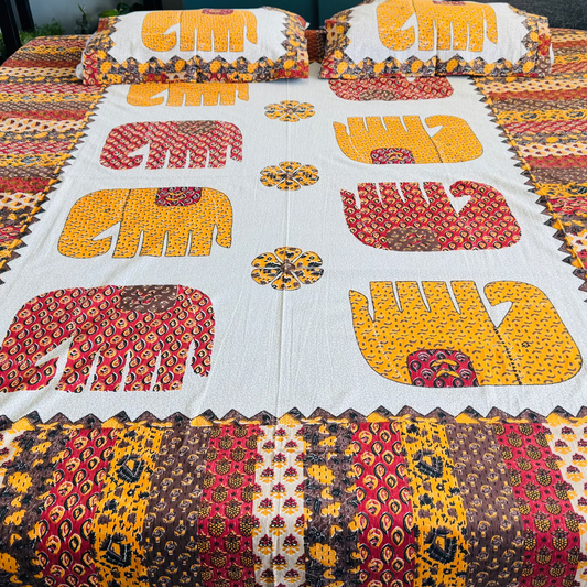 Hand-Block Printed Cotton Queen Bedsheet – Mustard & Red Elephant | Aayamora