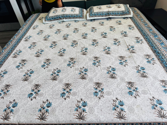 Hand-Block Printed Cotton Queen Bedsheet – Blue Floral Spray | Aayamora