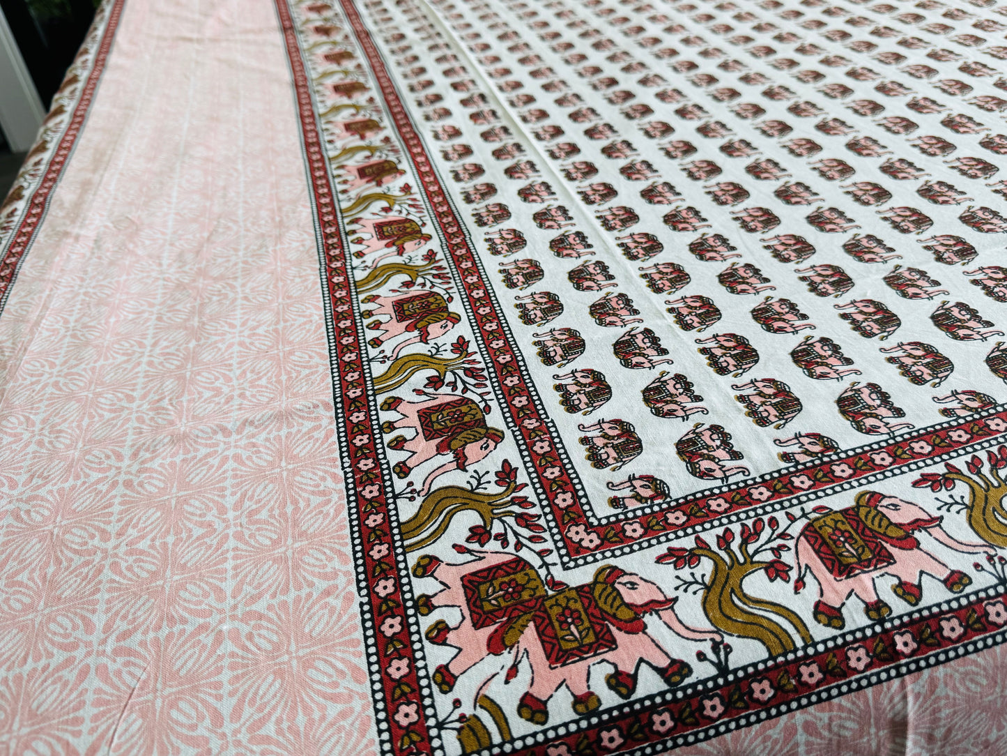 Hand-Block Printed Cotton Queen Bedsheet – Pink Elephant Booti | Aayamora