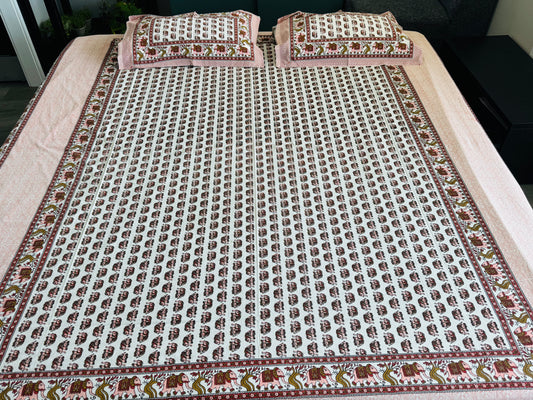 Hand-Block Printed Cotton Queen Bedsheet – Pink Elephant Booti | Aayamora