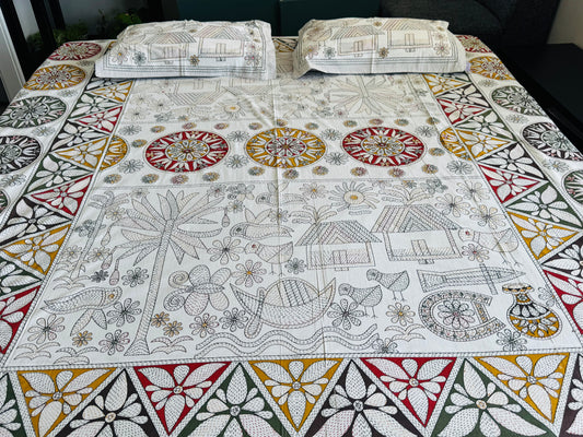 Hand-Block Printed Cotton Queen Bedsheet – Village Life Motif | Aayamora