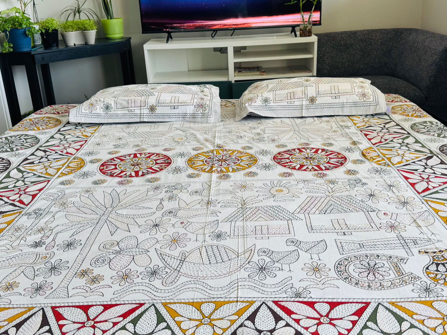 Hand-Block Printed Cotton Queen Bedsheet – Village Life Motif | Aayamora