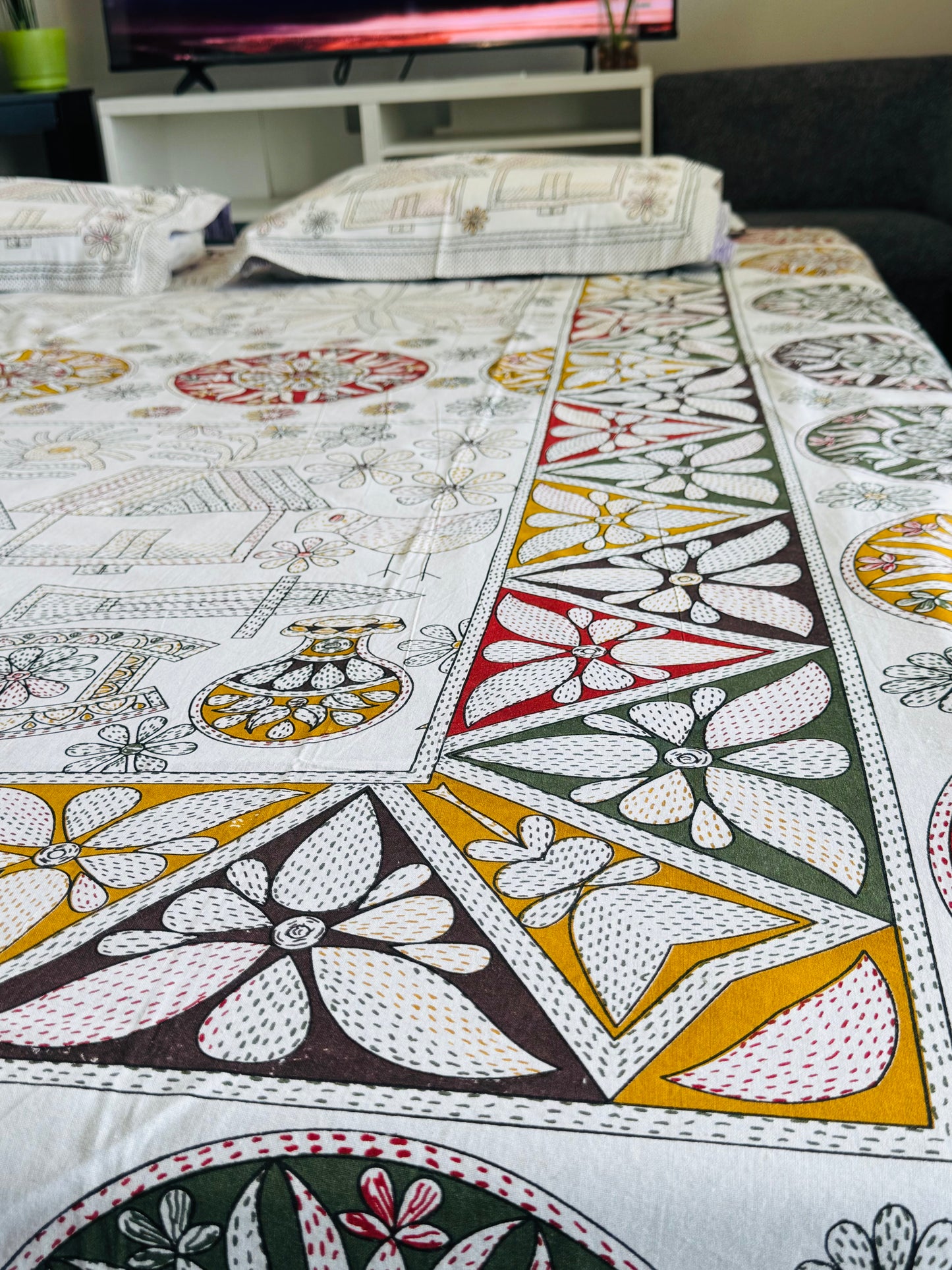 Hand-Block Printed Cotton Queen Bedsheet – Village Life Motif | Aayamora