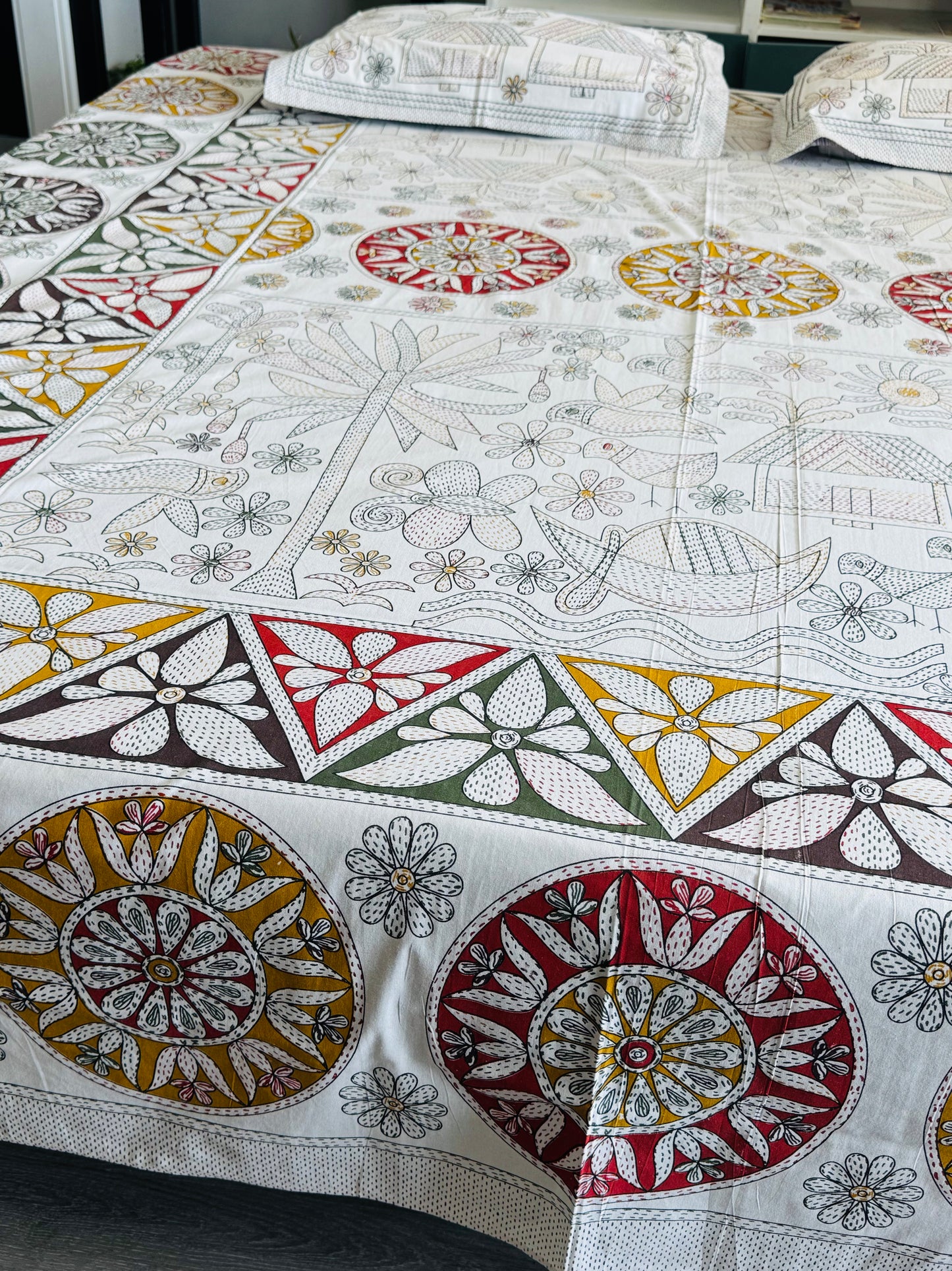Hand-Block Printed Cotton Queen Bedsheet – Village Life Motif | Aayamora