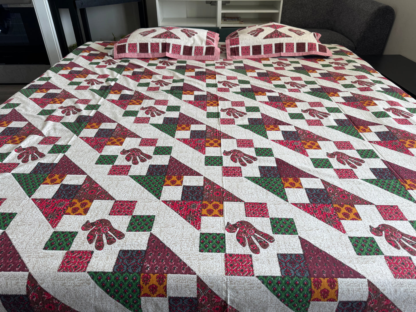 Hand-Block Printed Cotton Queen Bedsheet – Multicolor Geometric | Aayamora