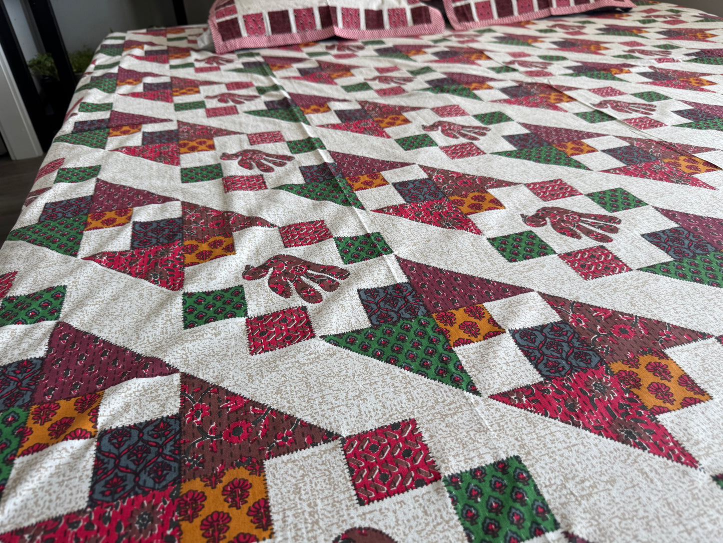 Hand-Block Printed Cotton Queen Bedsheet – Multicolor Geometric | Aayamora