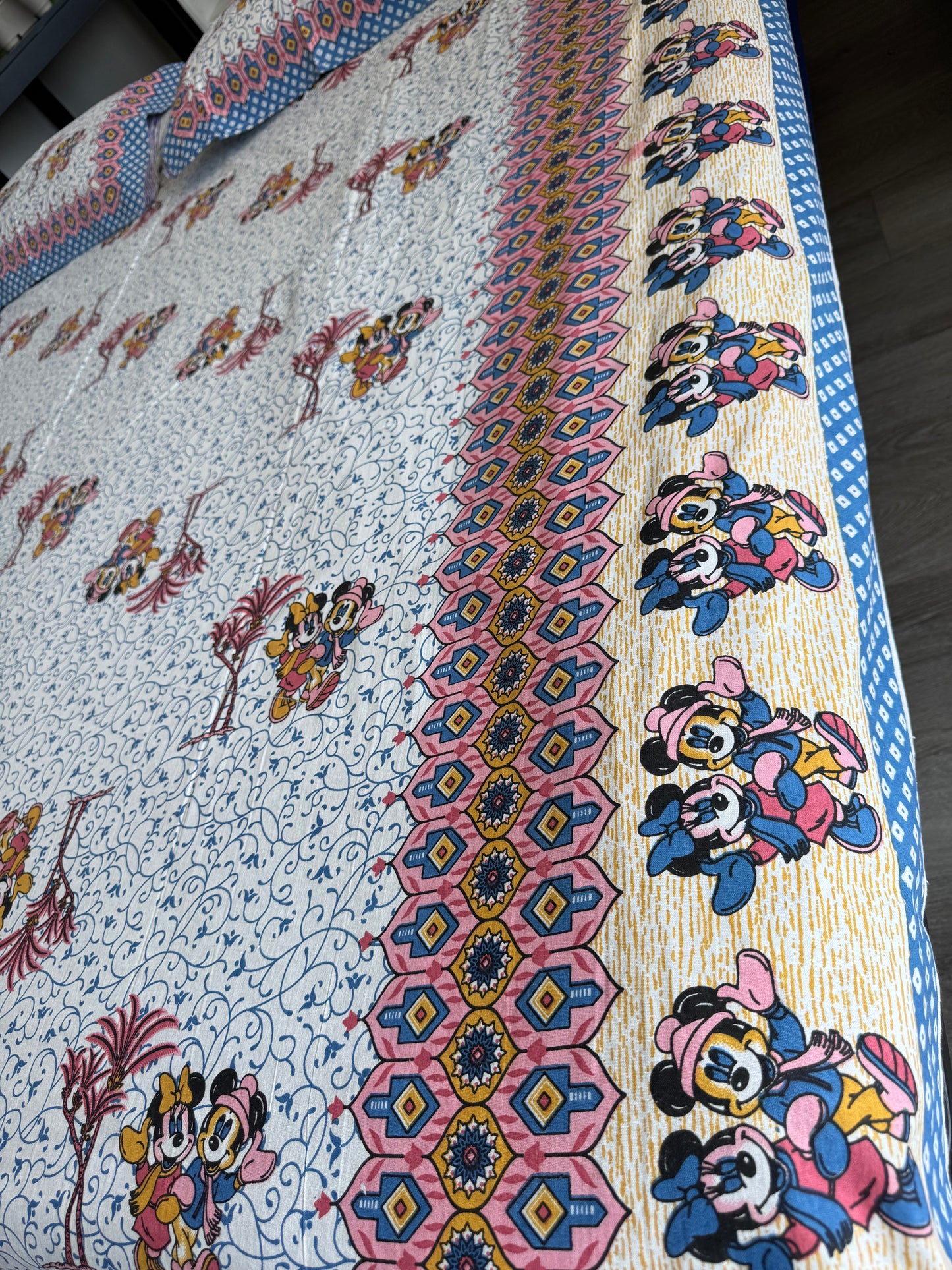 Hand-Block Printed Cotton Queen Bedsheet – Mickey & Minnie Motif | Aayamora