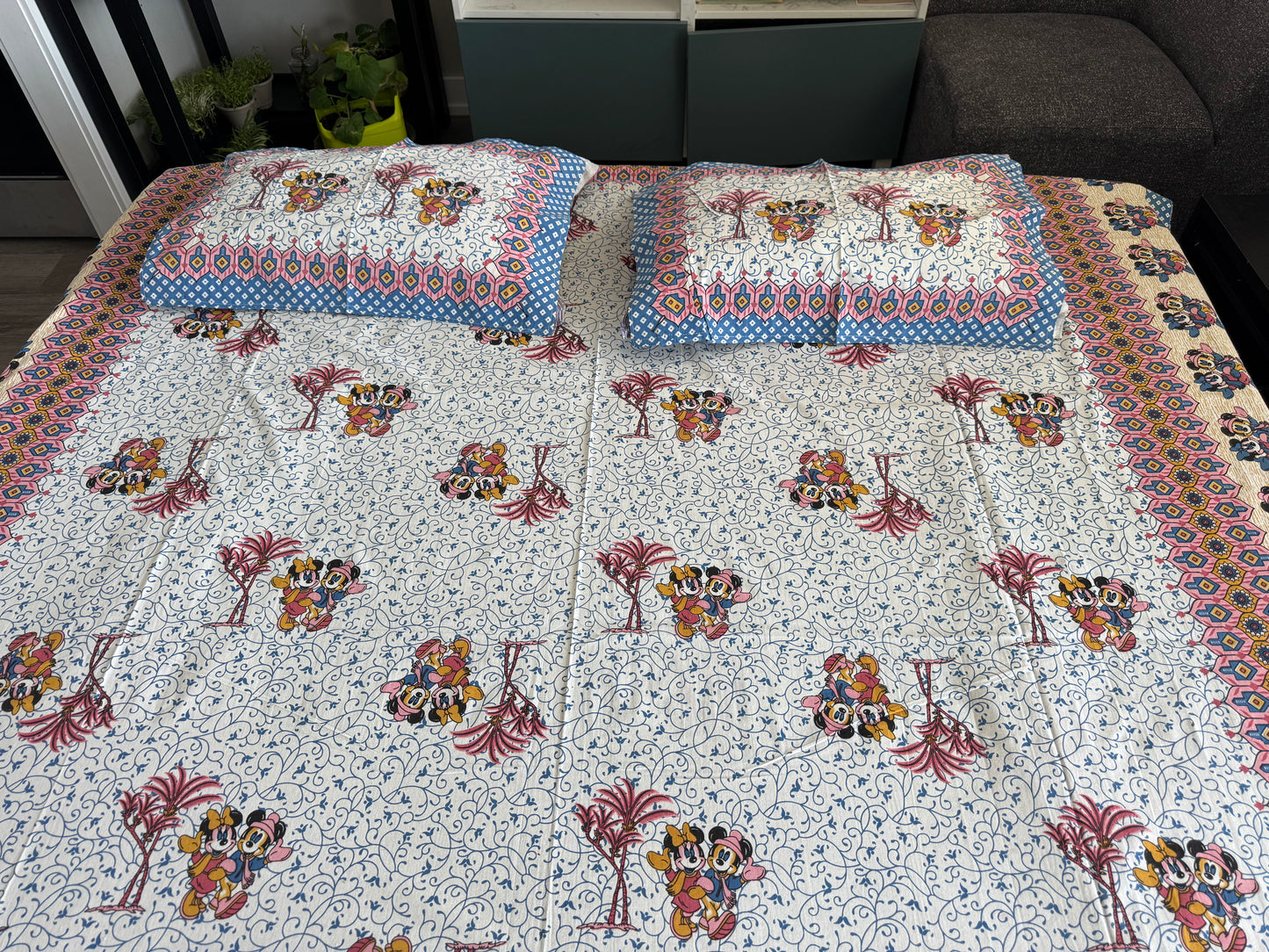 Hand-Block Printed Cotton Queen Bedsheet – Mickey & Minnie Motif | Aayamora