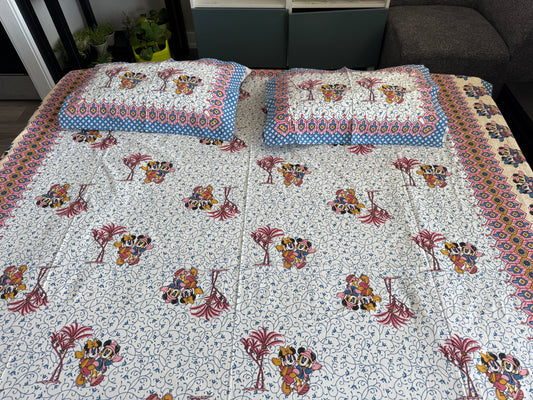 Hand-Block Printed Cotton Queen Bedsheet – Mickey & Minnie Motif | Aayamora