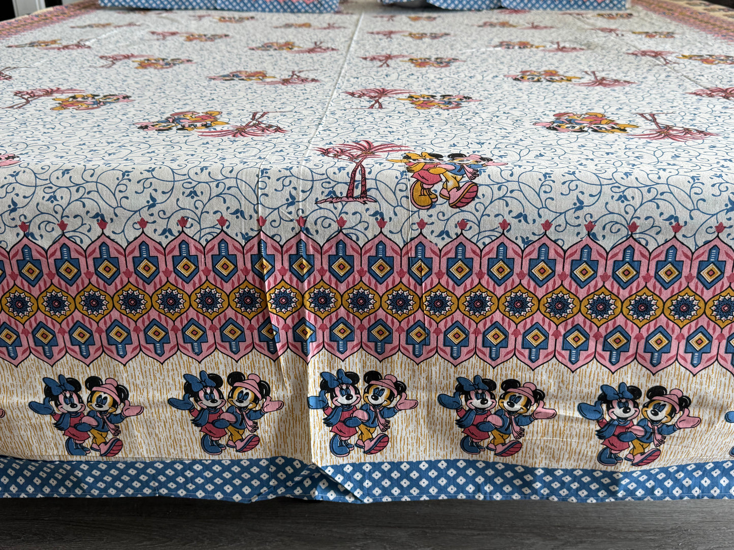 Hand-Block Printed Cotton Queen Bedsheet – Mickey & Minnie Motif | Aayamora