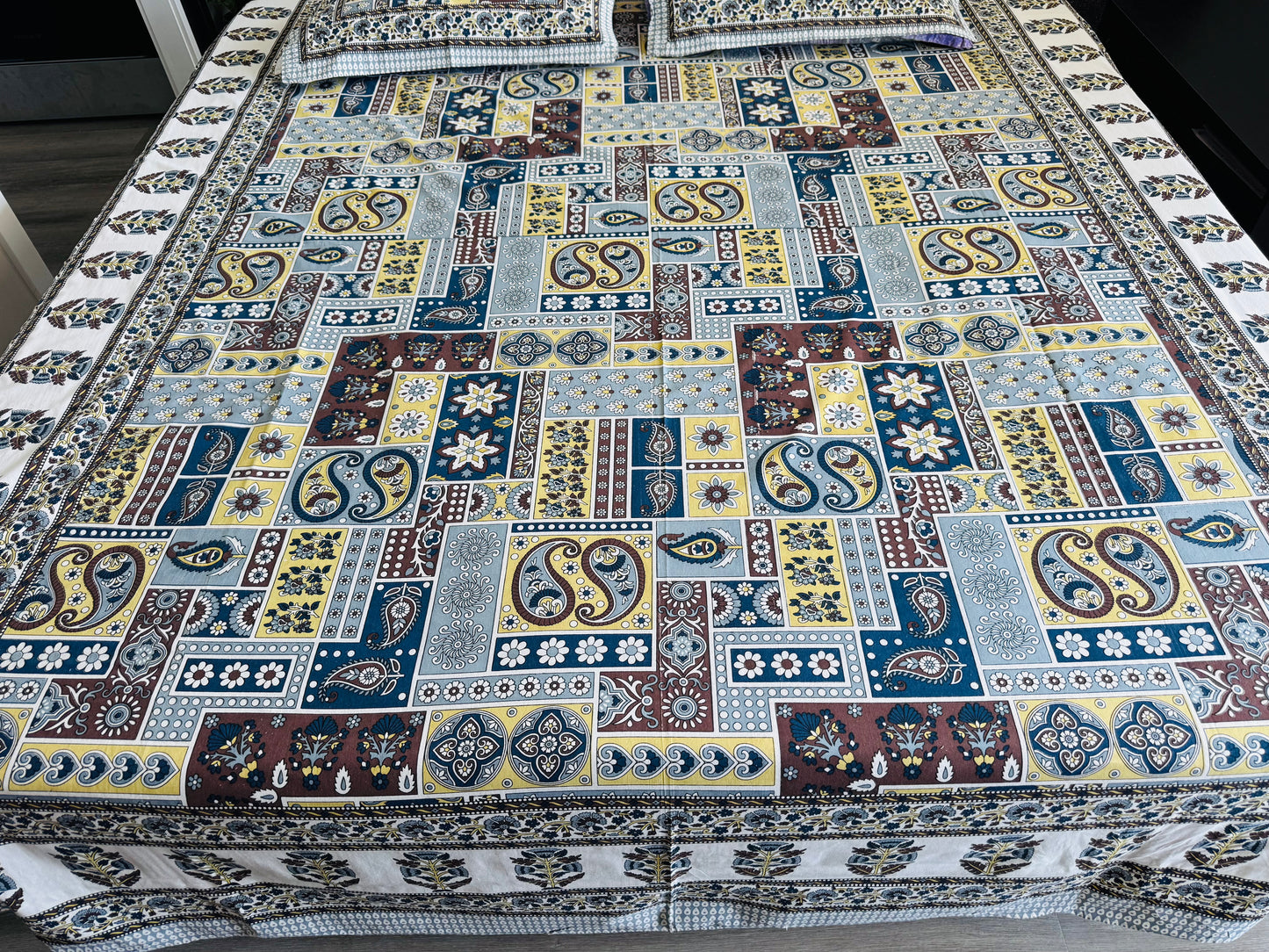 Hand-Block Printed Cotton Queen Bedsheet – Patchwork Paisley | Aayamora