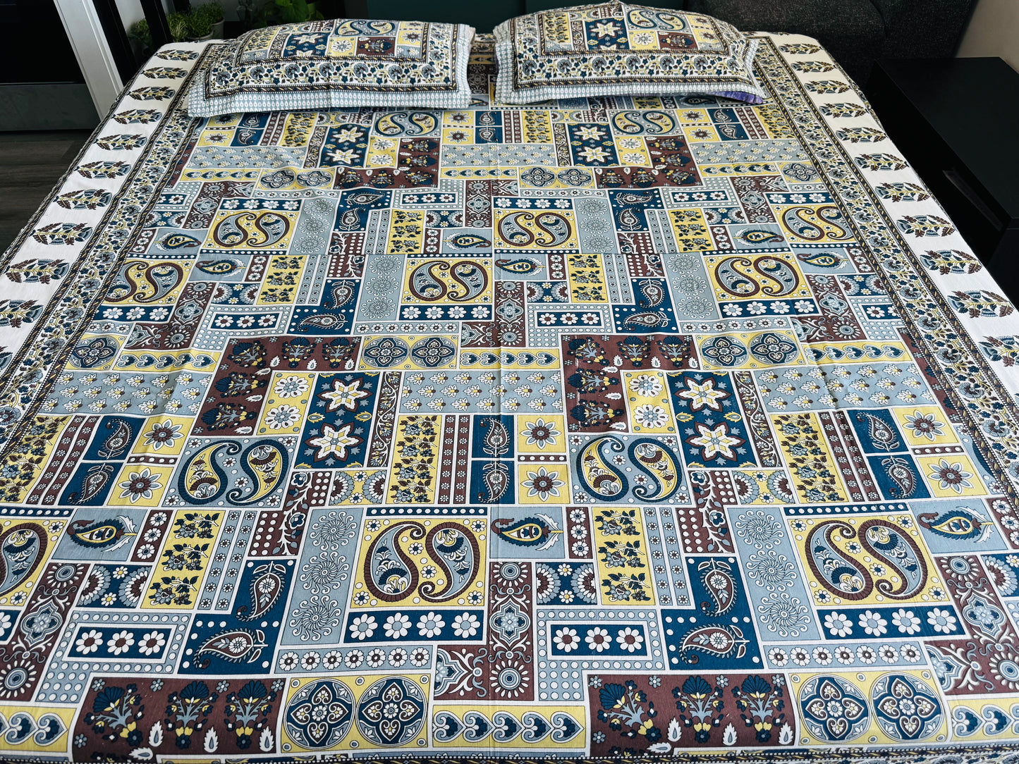 Hand-Block Printed Cotton Queen Bedsheet – Patchwork Paisley | Aayamora