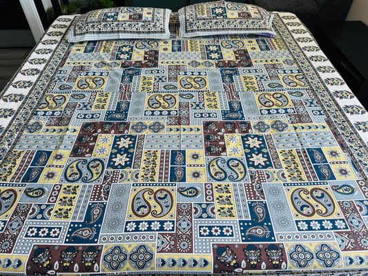 Hand-Block Printed Cotton Queen Bedsheet – Patchwork Paisley | Aayamora