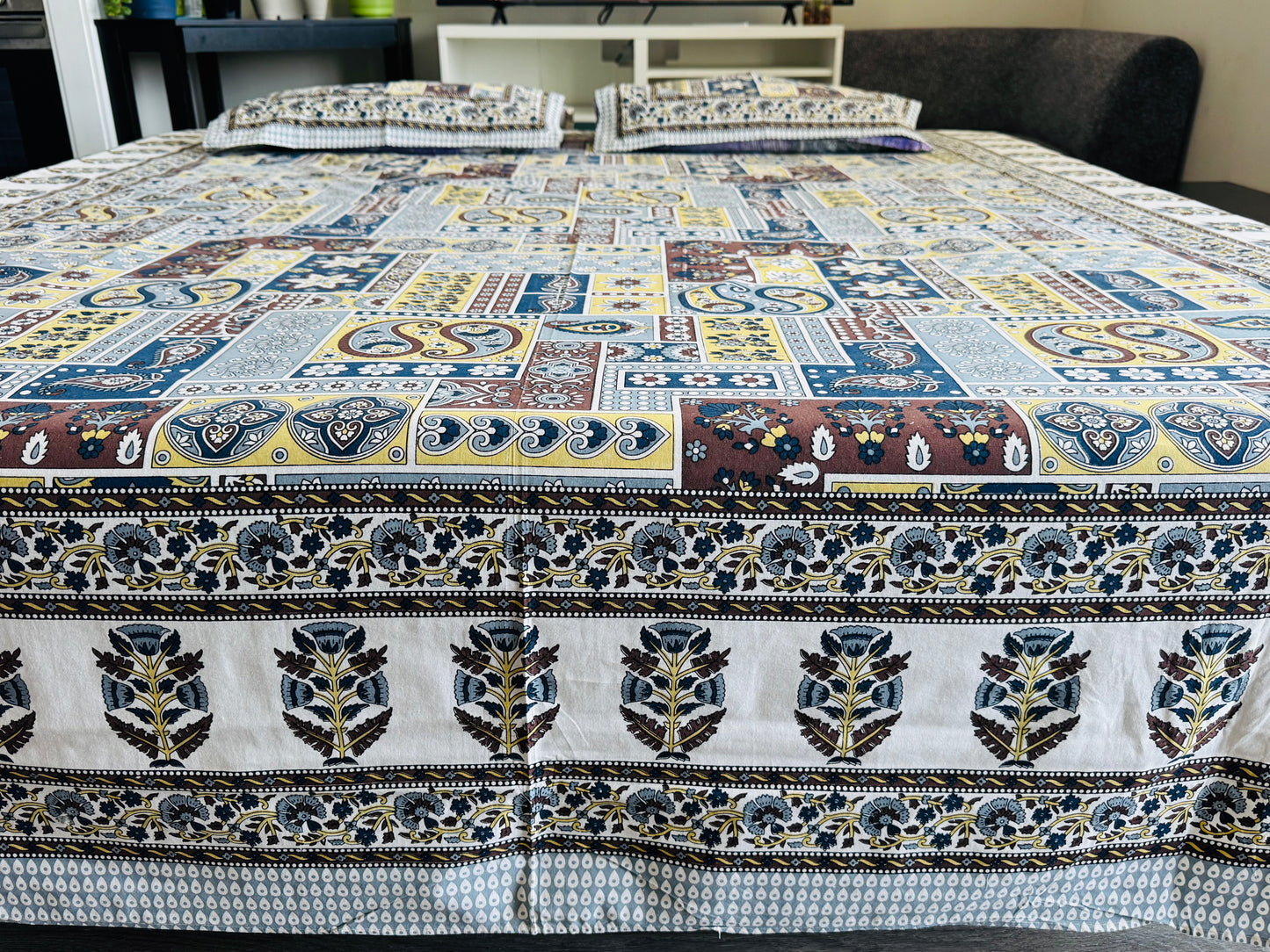 Hand-Block Printed Cotton Queen Bedsheet – Patchwork Paisley | Aayamora