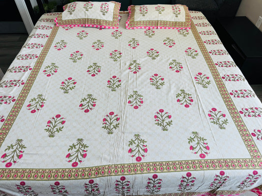 Hand-Block Printed Cotton Queen Bedsheet – Pink Floral Spray | Aayamora