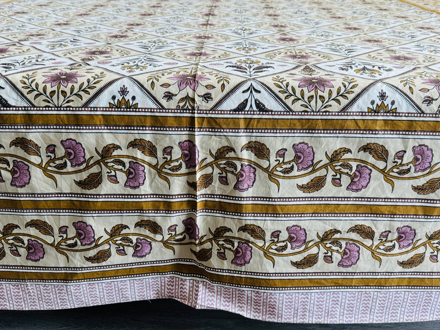 Hand-Block Printed Cotton Queen Bedsheet – Diamond Floral Lattice | Aayamora