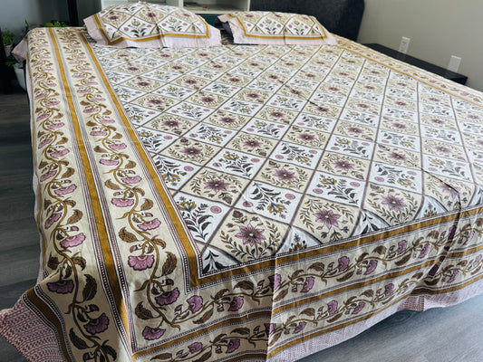 Hand-Block Printed Cotton Queen Bedsheet – Diamond Floral Lattice | Aayamora