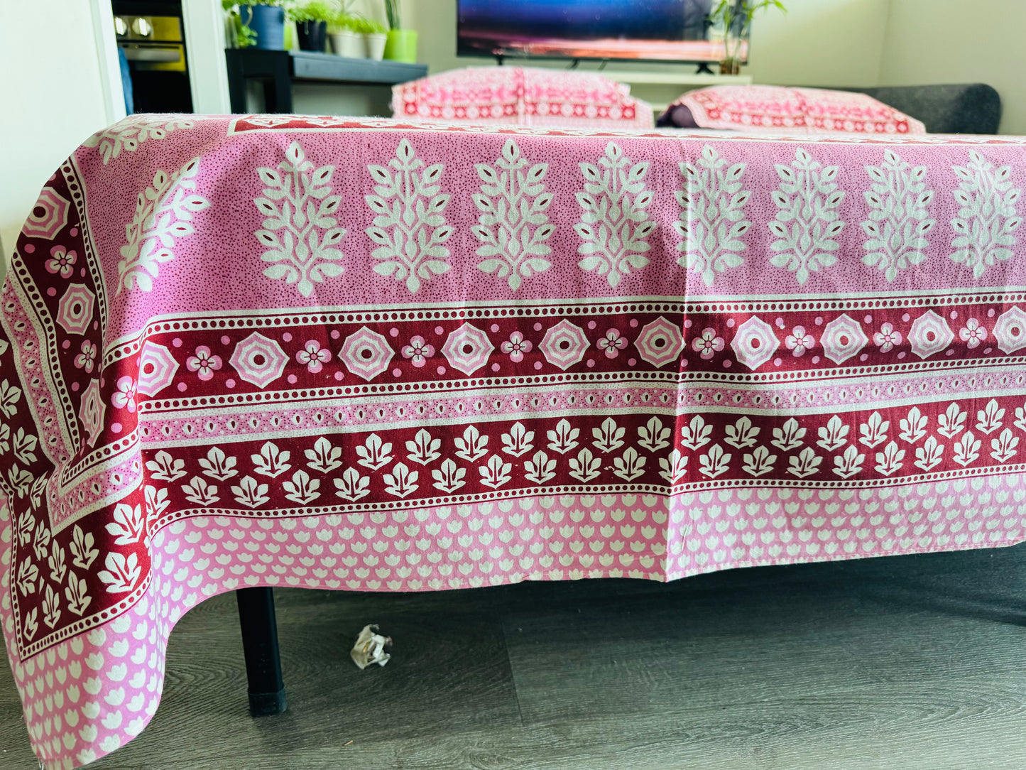 Hand-Block Printed Cotton Queen Bedsheet – Pink Floral Lattice | Aayamora