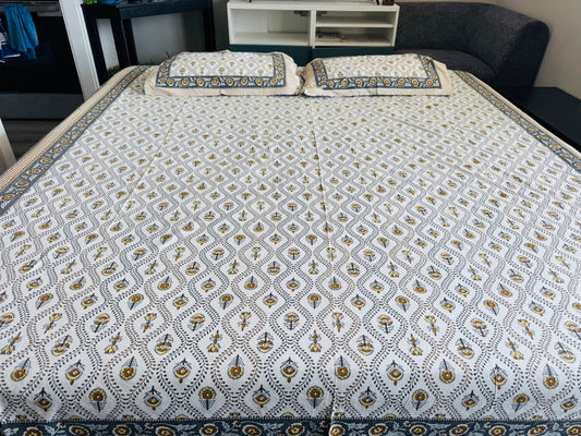 Hand-Block Printed Cotton Queen Bedsheet – Mustard Floral Paisley | Aayamora