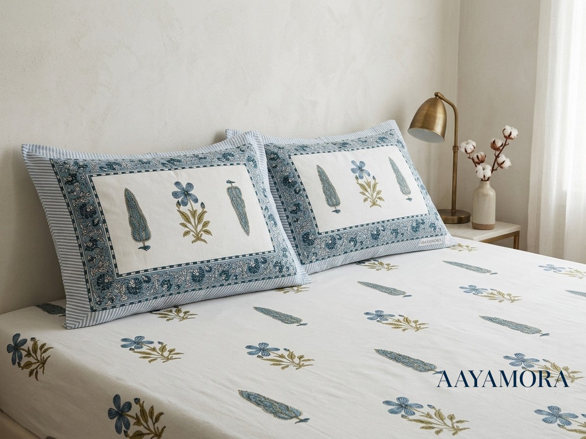 Soft Blue Floral Cotton Hand Block Printed King Bedsheet Set