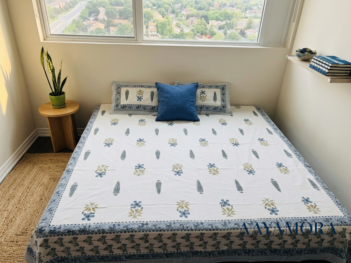 Soft Blue Floral Cotton Hand Block Printed King Bedsheet Set