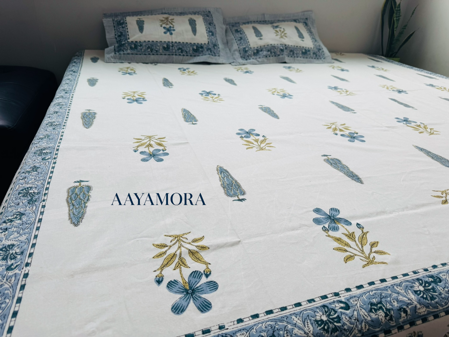 Soft Blue Floral Cotton Hand Block Printed King Bedsheet Set
