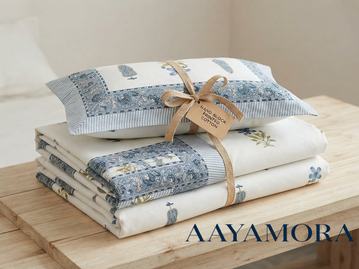 Soft Blue Floral Cotton Hand Block Printed King Bedsheet Set